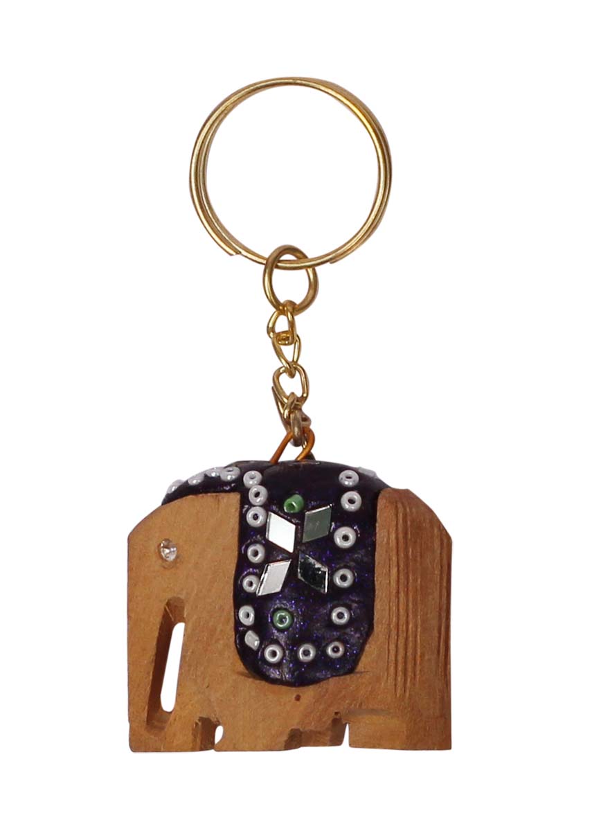 Bulk Wholesale Key Chain with Elephant in Wood & Iron Chain - Handmade Unique Gift Item Decorated with Mirror Work