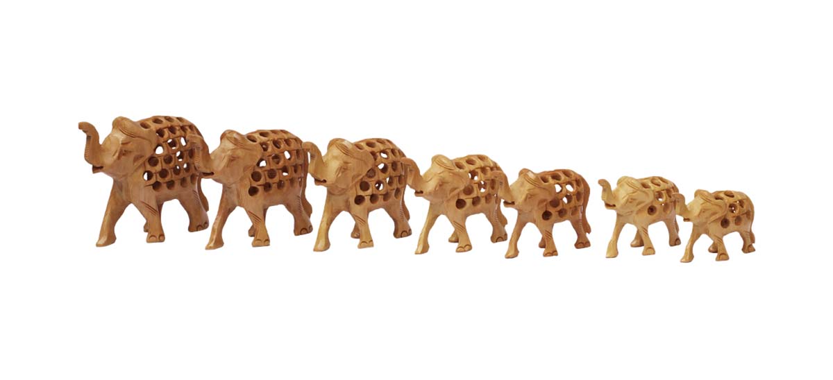 Source Set of 7 Elephants Figurine in Bulk - Wholesale Hand Carved Wood Elephant Statue/Sculpture with Open-Work Art- Home & Office Decor from India