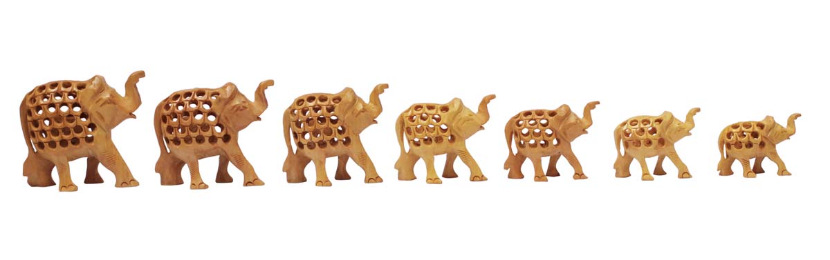 Source Set of 7 Elephants Figurine in Bulk - Wholesale Hand Carved Wood Elephant Statue/Sculpture with Open-Work Art- Home & Office Decor from India