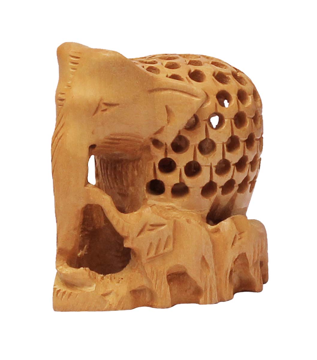 Wholesale 3” Elephant with Baby Elephants Figurine - Buy in Bulk Hand Carved Wood Elephant with Baby Elephants Statue Enhanced with Open-Work - Home & Office Decor from India
