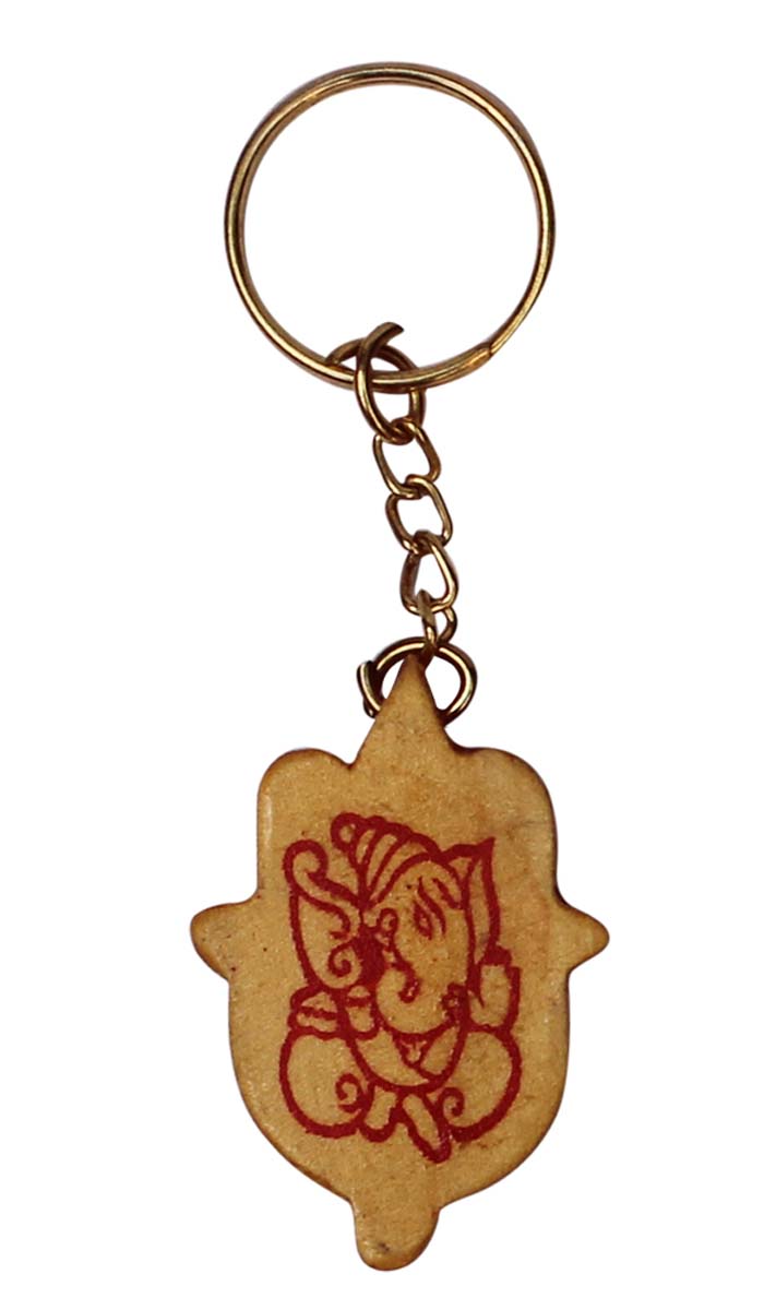 Bulk Wholesale Wooden Key Chain in Leaf-Shape Handcrafted Palm-Wood with Lord Ganesha Painting on it - Traditional Style Gifts/Utility Items from India
