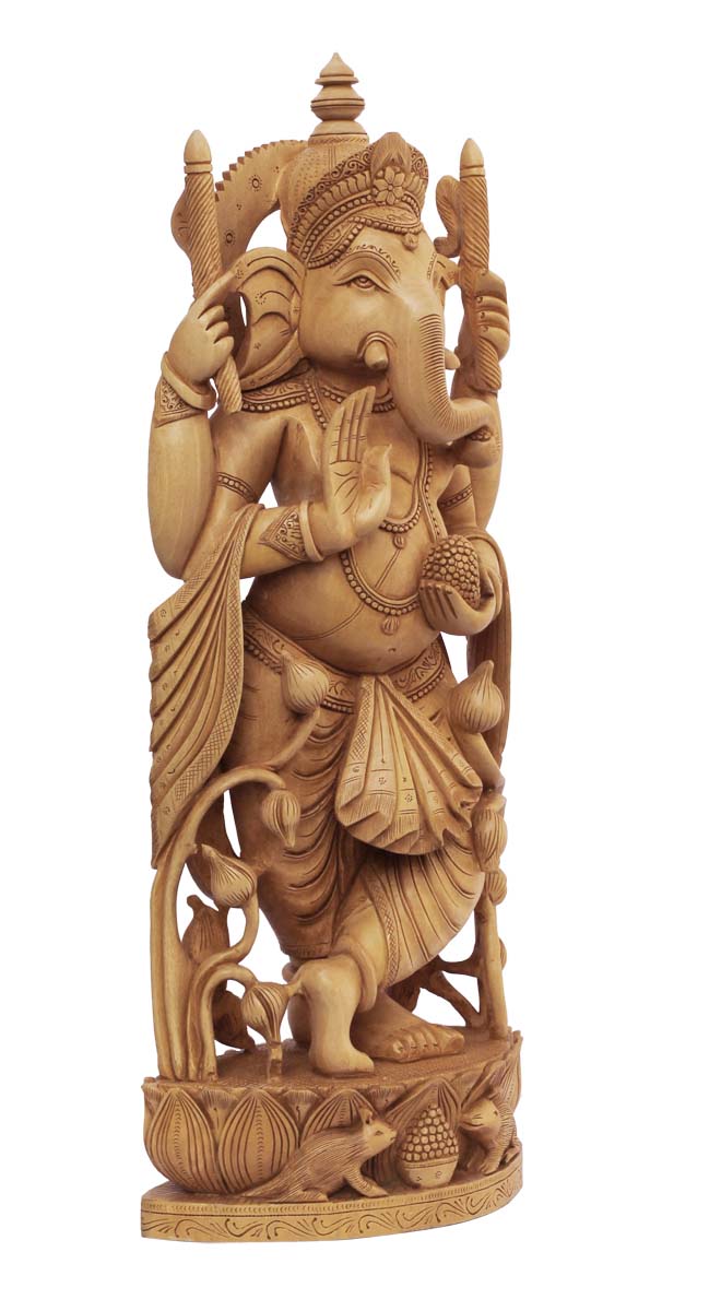 Wholesale Lord Ganesha Figurine - Buy in Bulk 19.5” Hand Carved Wooden Hindu God Figurine/Statue - Unique Good Luck Charms Wood Sculpture - Home & Office Decor