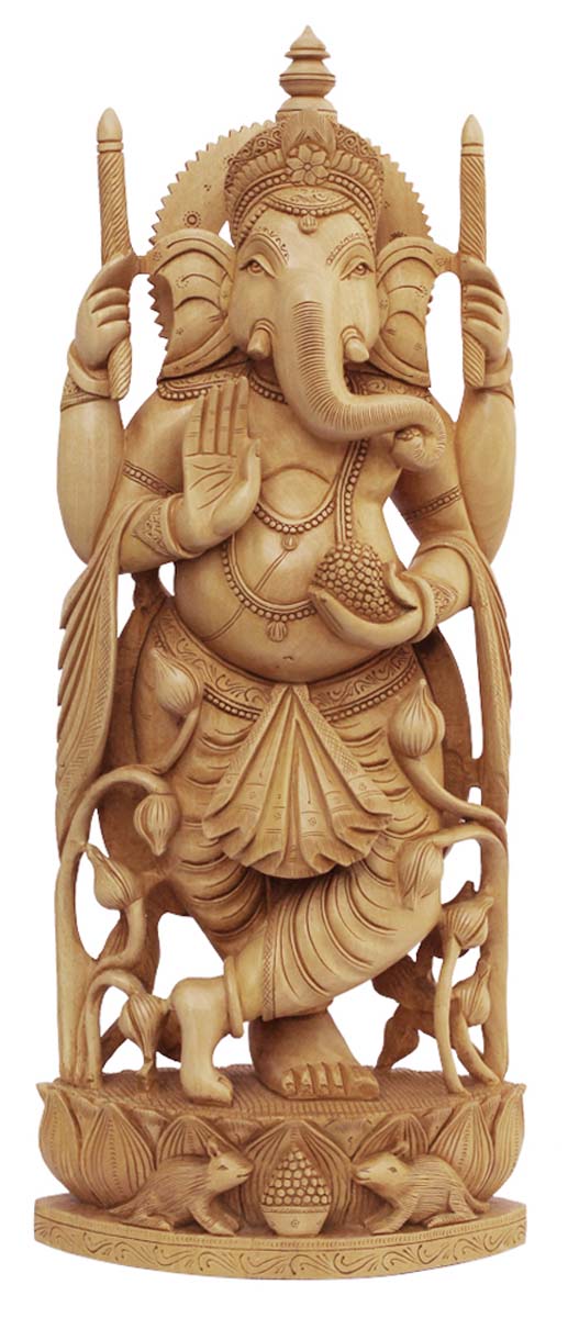 Wholesale Lord Ganesha Figurine - Buy in Bulk 19.5” Hand Carved Wooden Hindu God Figurine/Statue - Unique Good Luck Charms Wood Sculpture - Home & Office Decor