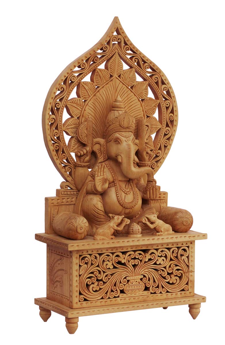 Wholesale Lord Ganesha Figurine Sitting on a Throne in Blessing Pose - Buy in Bulk 18” Hand Carved Wooden Hindu God Figurine/Statue - Auspicious Figurines with an Intricate & Rare Open-Work from India - Home & Office Decor