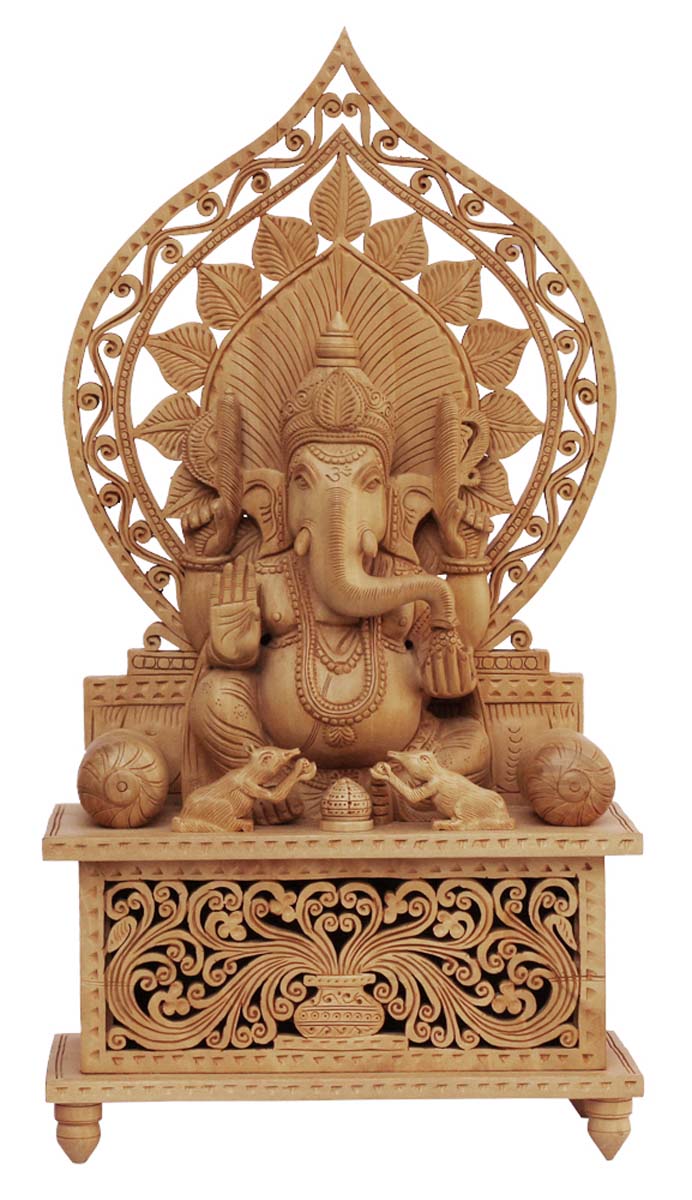 Wholesale Lord Ganesha Figurine Sitting on a Throne in Blessing Pose - Buy in Bulk 18” Hand Carved Wooden Hindu God Figurine/Statue - Auspicious Figurines with an Intricate & Rare Open-Work from India - Home & Office Decor