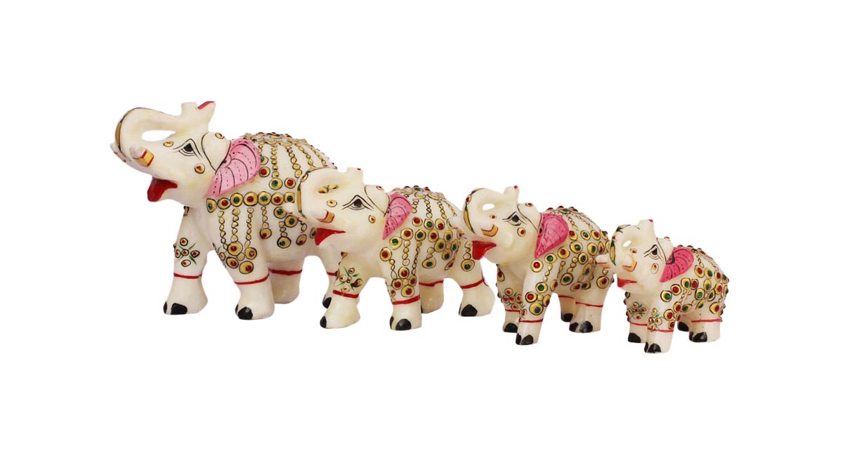 Bulk Wholesale Hand-Carved Set of 4 Marble Statues/ Sculptures of Trunk-Up Elephants in Different Sizes with Decorative Stone Work - Antique-Look Décor from India