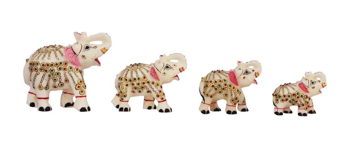 Bulk Wholesale Hand-Carved Set of 4 Marble Statues/ Sculptures of Trunk-Up Elephants in Different Sizes with Decorative Stone Work - Antique-Look Décor from India