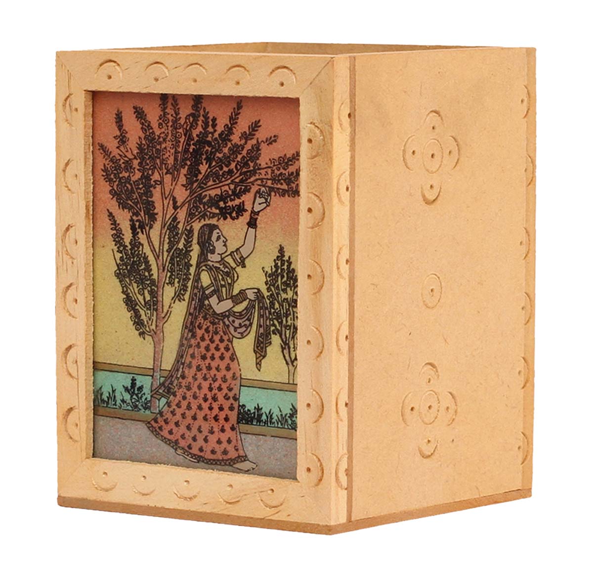 Bulk Wholesale Handcrafted Desk Organizer / Pen Stand in Palm Wood with Gem Stone Dust Painting of a Lady – Antique Style Art-Piece from India