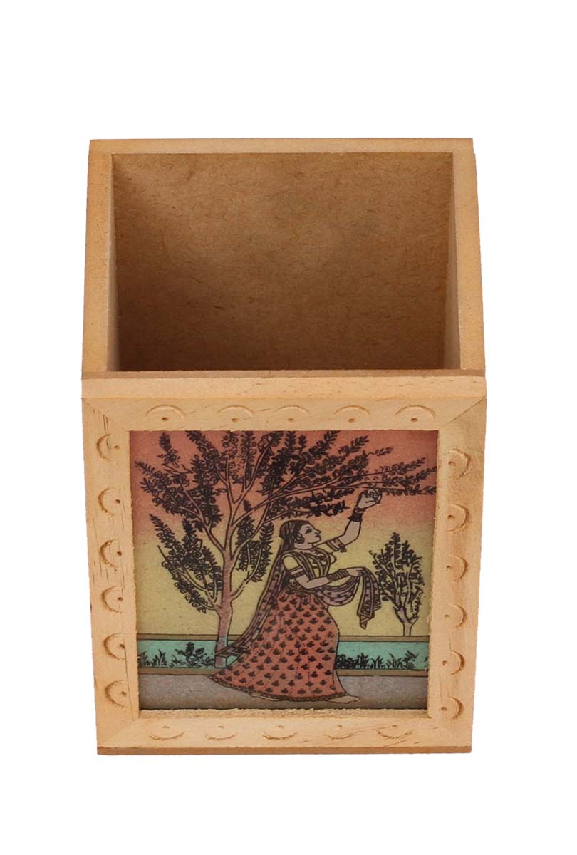 Bulk Wholesale Handcrafted Desk Organizer / Pen Stand in Palm Wood with Gem Stone Dust Painting of a Lady – Antique Style Art-Piece from India