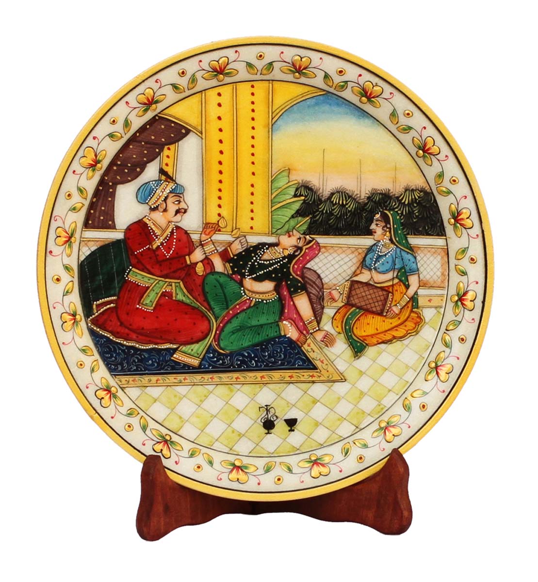 Bulk Wholesale Handmade Decorative Marble Plate with a Colorful Hand-Painting of Royal World of India – Art-Piece with a Wooden Holder & a Blue Velvet Box