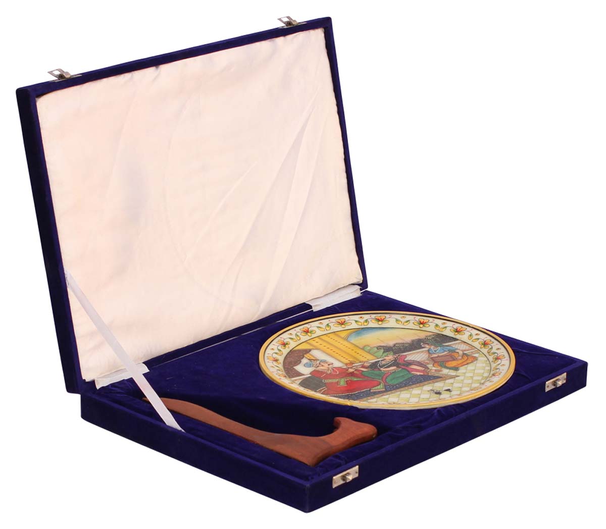 Bulk Wholesale Handmade Decorative Marble Plate with a Colorful Hand-Painting of Royal World of India – Art-Piece with a Wooden Holder & a Blue Velvet Box