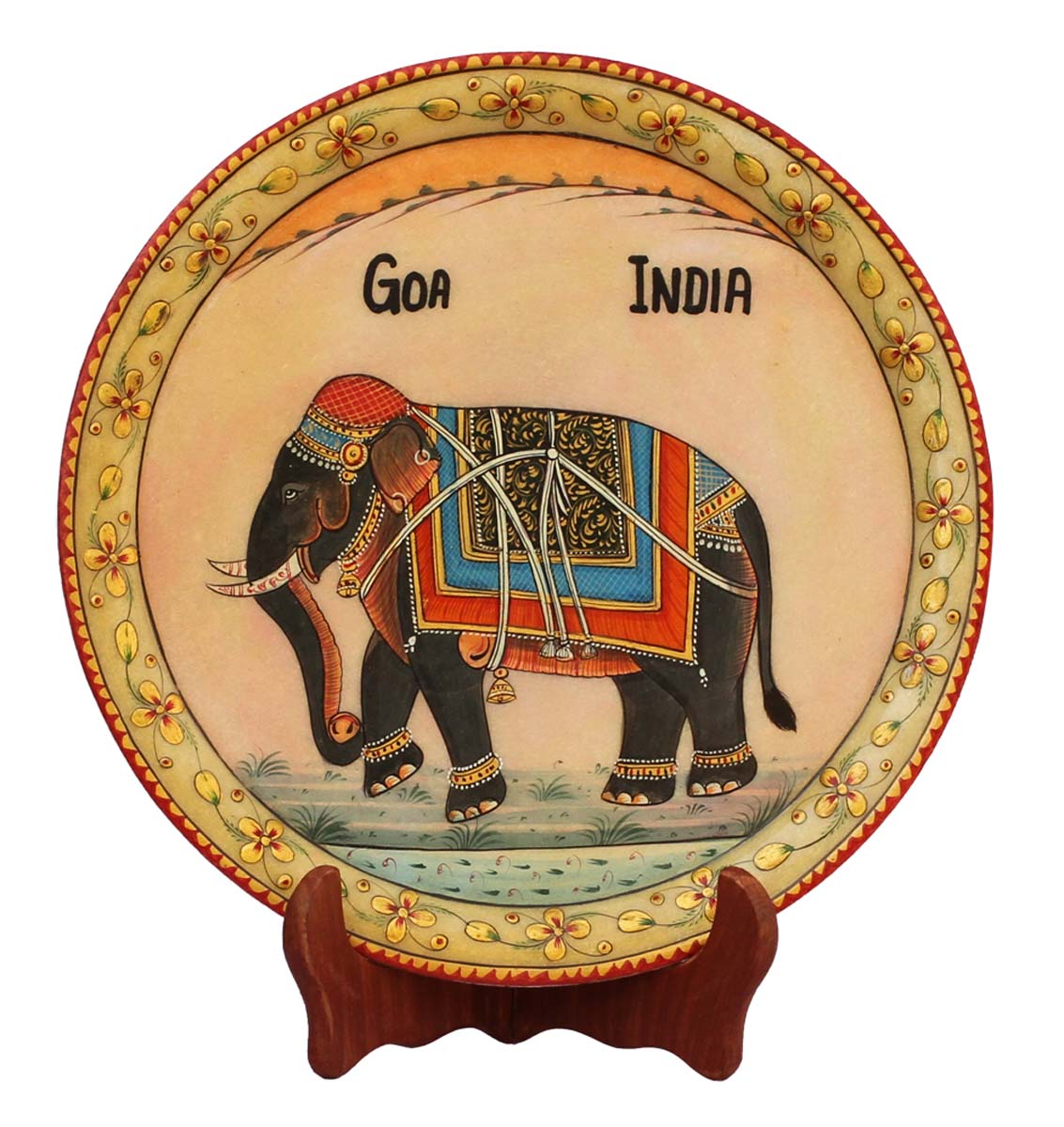 Bulk Wholesale Handmade Decorative Marble Plate with a Colorful Hand-Painting of an Elephant – Art-Piece with a Wooden Holder & a Blue Velvet Box from India