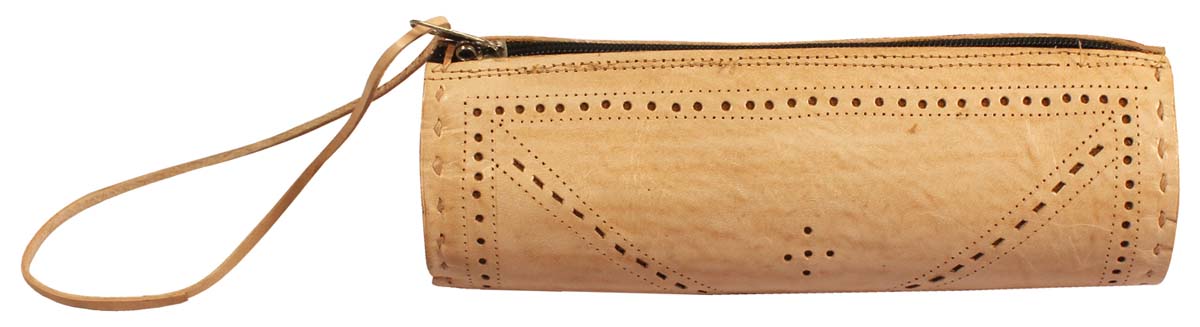 Wholesale Duffle Wristlet – Handmade in Genuine Leather – Beige – Punched Pattern – Zipper Closure – Multi-Utility Accessories