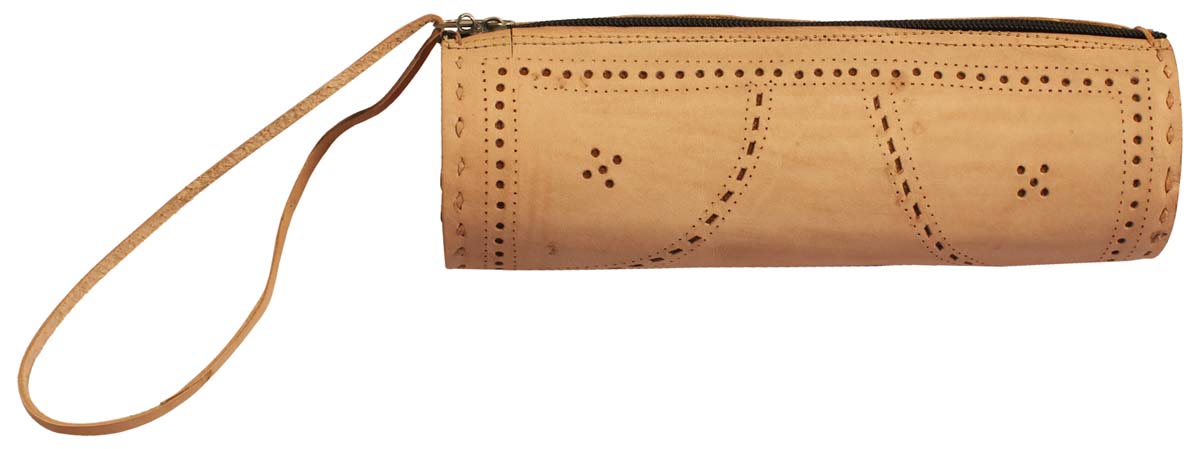 Wholesale Wristlets – Beige 8" Duffle Wristlet – Handmade in Genuine Leather – Zipper Closure – Punched Pattern – Multi-Utility Accessories