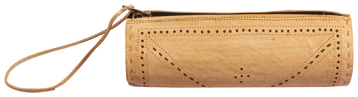 Wholesale Wristlets – Beige 7.5" Duffle Wristlet – Handmade in Genuine Leather – Zipper Closure – Punched Pattern – Multi-Utility Accessories