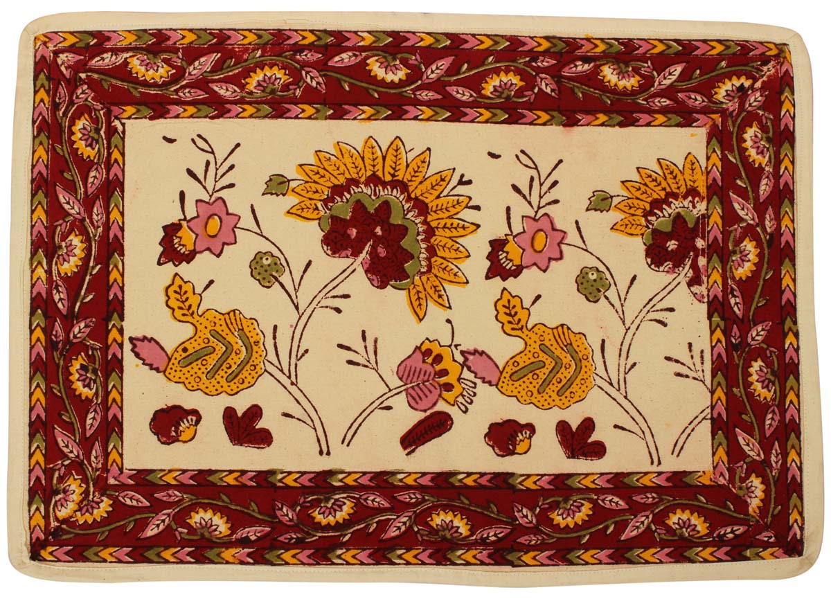 Bulk Wholesale Set of 6 Cotton Placemats  – Rectangular – Red & Off-White – Printed Floral & Leafy Motifs – Dining Table Accessories