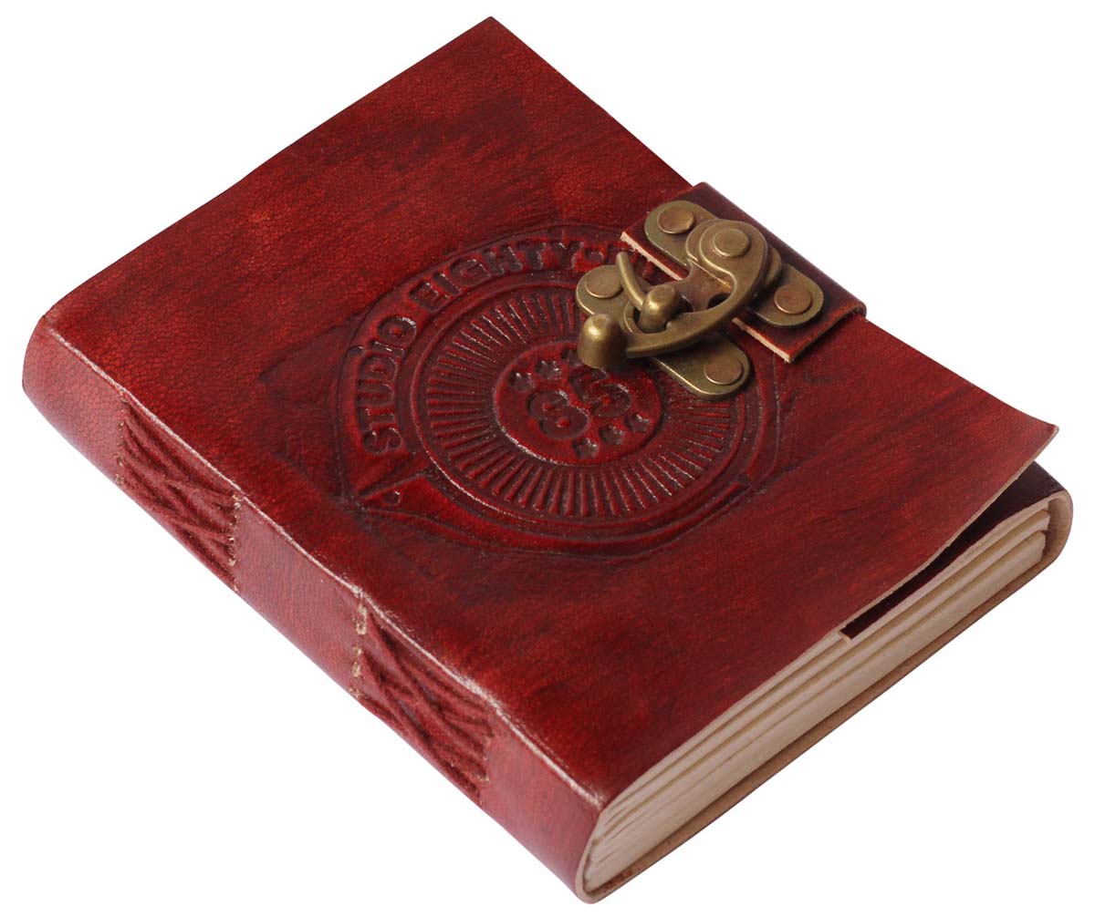 6” Pure Leather Journal with Handmade Papers & Brass C-Lock – Red-Brown Cover with ‘Studio-85’ Embossing – Vintage-Look Diaries / Gifts