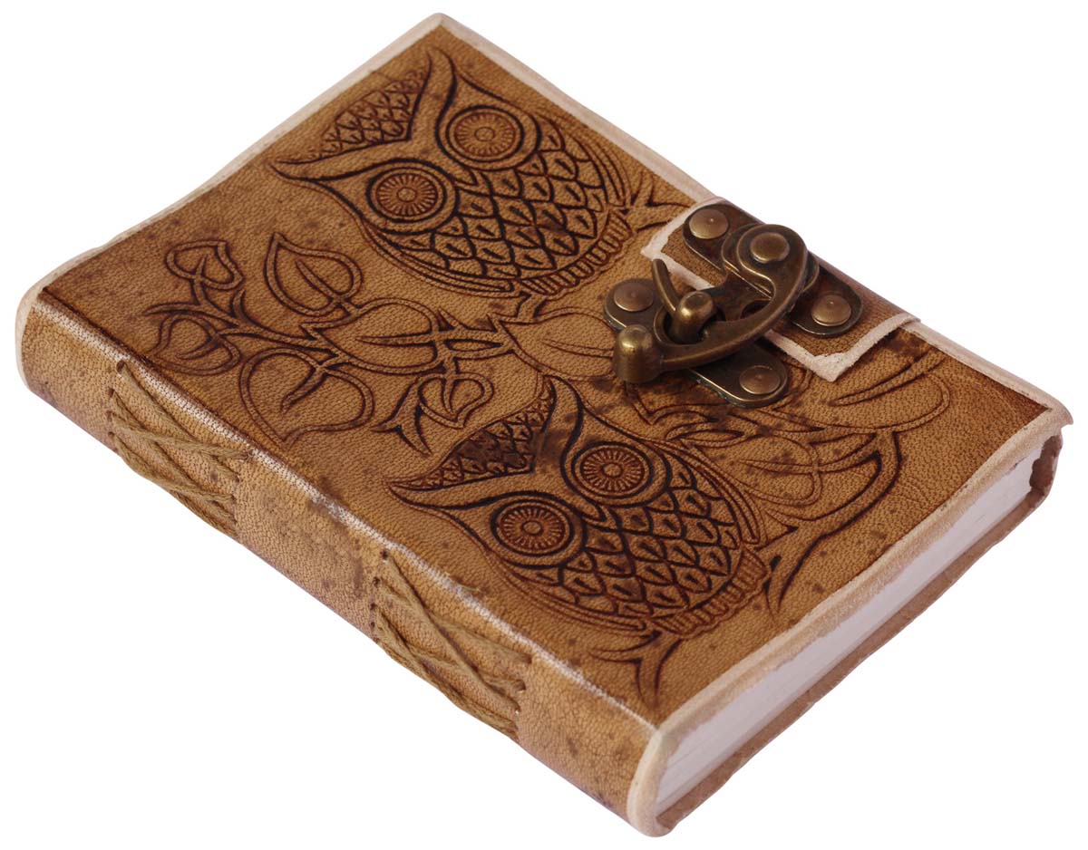 6” Pure Leather Journal with Owl Embossing – Light-Brown – Handmade Papers & Metal C-Lock – Vintage-Look Diaries / Gifts