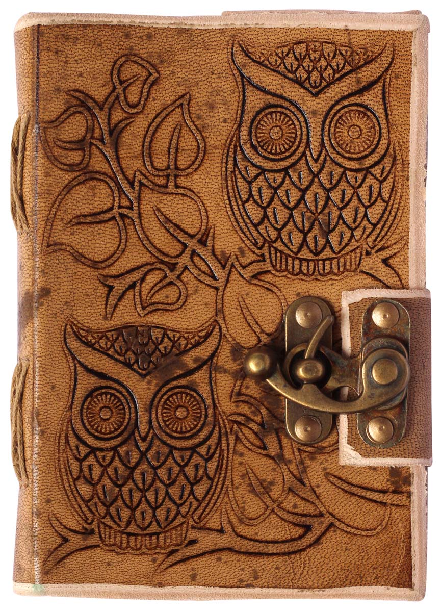 7” Pure Leather Journal with Owl Embossing – Light-Brown – Handmade Papers & Metal C-Lock – Vintage-Look Diaries / Gifts