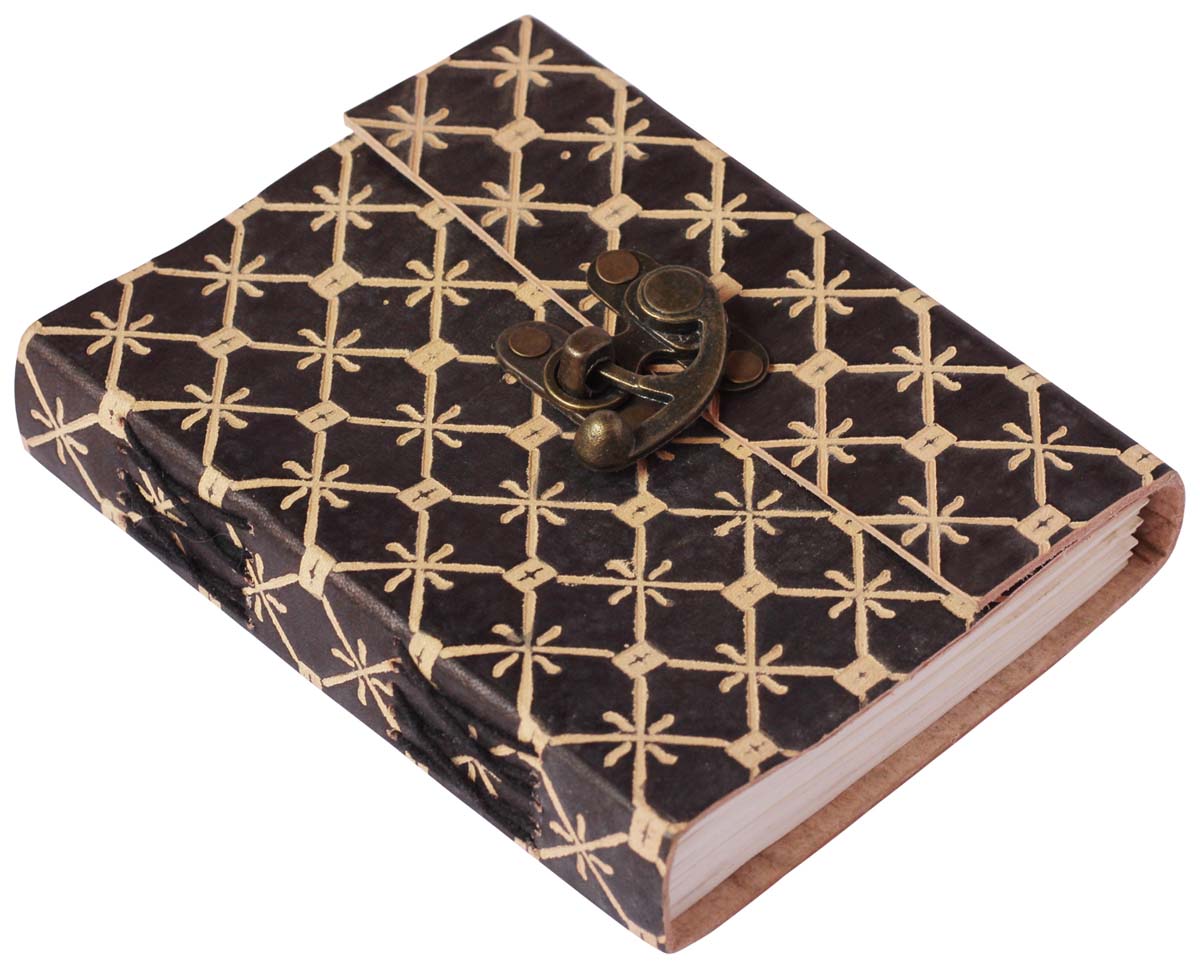 8” Bulk Wholesale Leather Journal with Handmade Papers & Brass C-Lock – Chocolate Brown with Embossed Floral Grid Pattern – Vintage-Look Diaries / Gifts