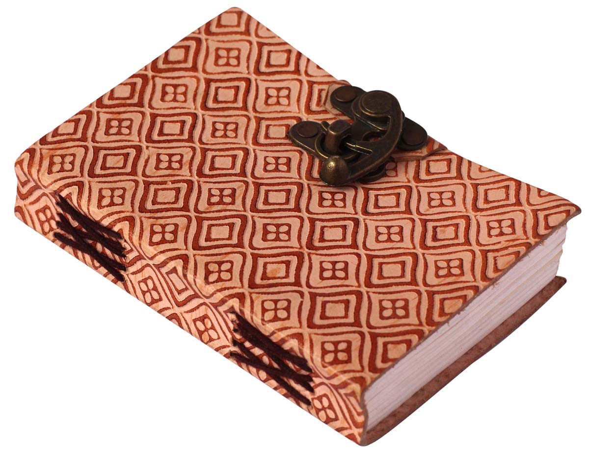 6” Bulk Wholesale Leather Journal / Writing Diary with Handmade Papers & Brass C-Lock – Brown with Embossed Diamond Grid Pattern