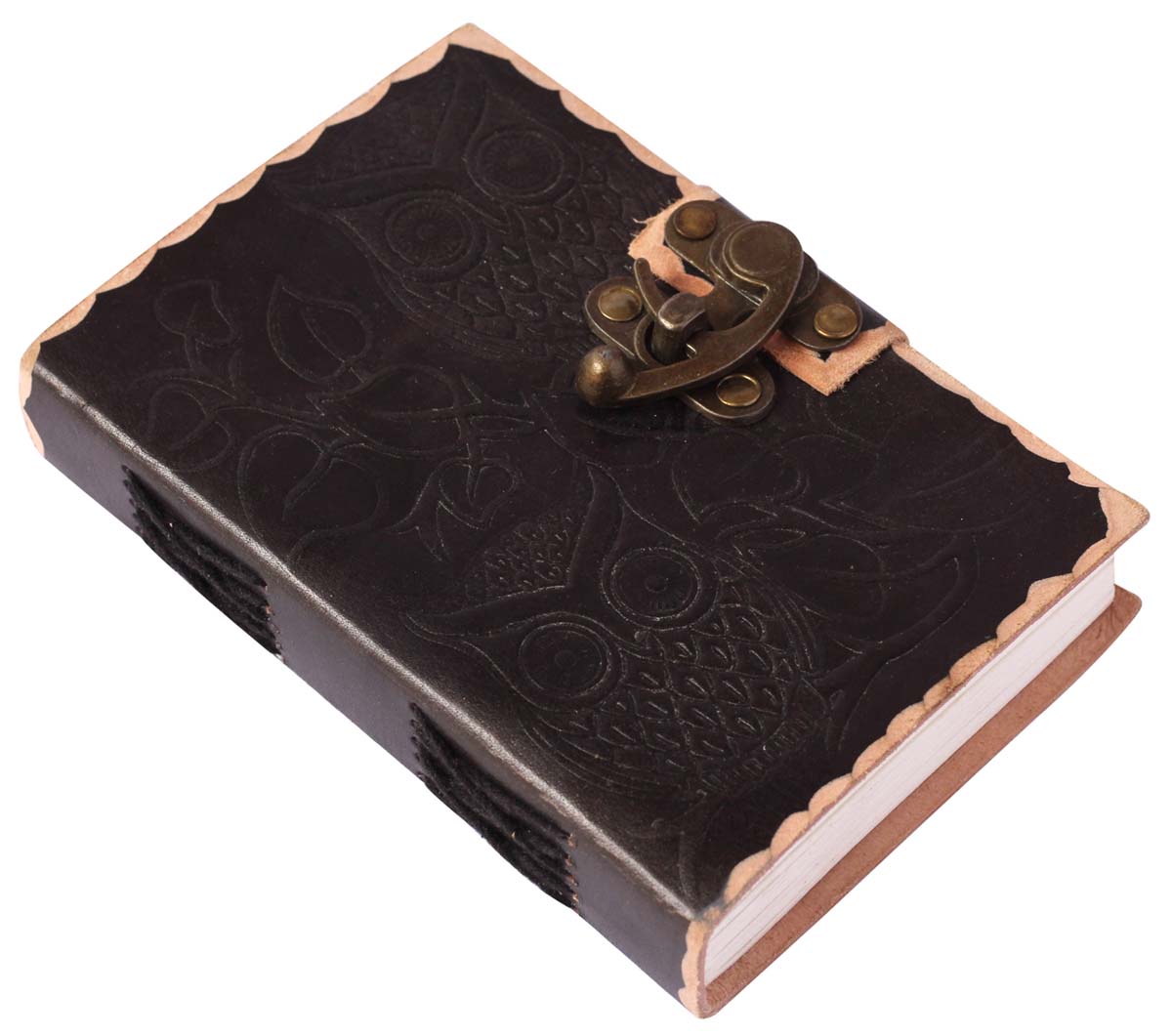 6” Bulk Wholesale Black Leather Journal / Writing Diary with Handmade Papers & Brass C-Lock – Embossed Owls – Vintage-Look Diaries / Gifts