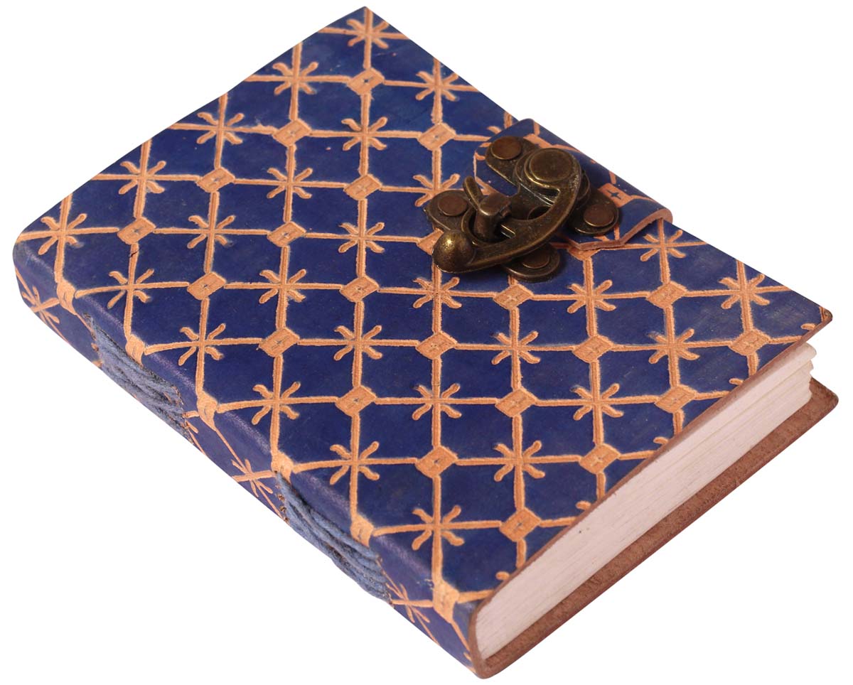 7” Bulk Wholesale Blue Leather Journal / Writing Diary with Handmade Papers & Floral Grid Embossing – Vintage-Look Diaries / Gifts