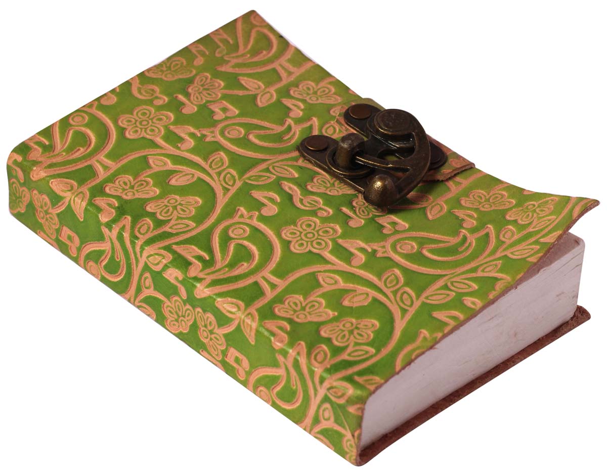 7” Wholesale Journal / Notebook in Leather with Handmade Papers – Green-Yellow with Embossed Vines & Birds – Gifts in Bulk