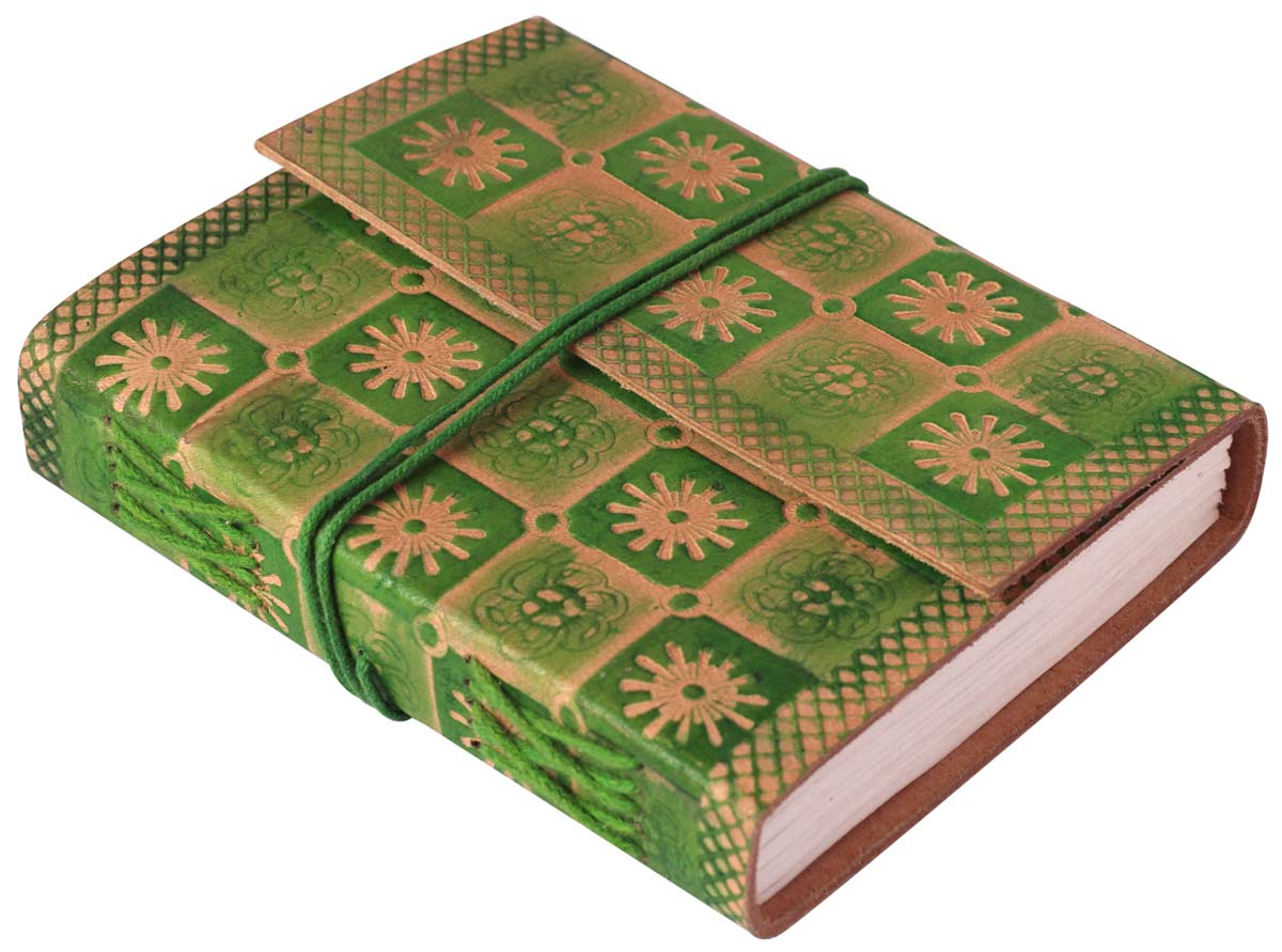 6” Hand-Crafted Embossed Leather Journal in Bulk at Wholesale – Green-Yellow with Thread Wrap – Colorful Diaries & Notebooks