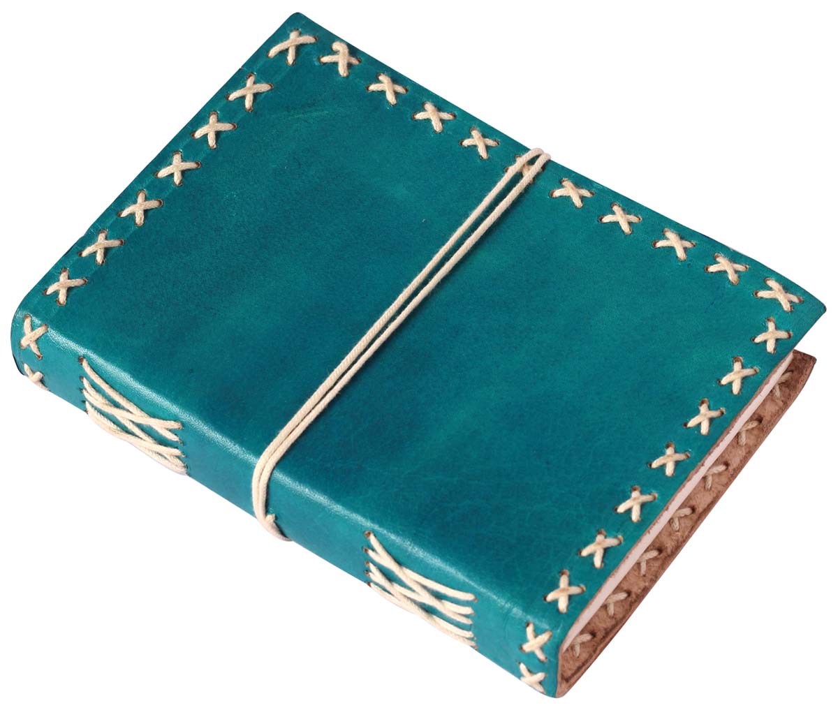 8” Hand-Crafted Teal-Blue Leather Journal with Exposed Stitches – Colorful Diaries & Notebooks in Bulk at Wholesale
