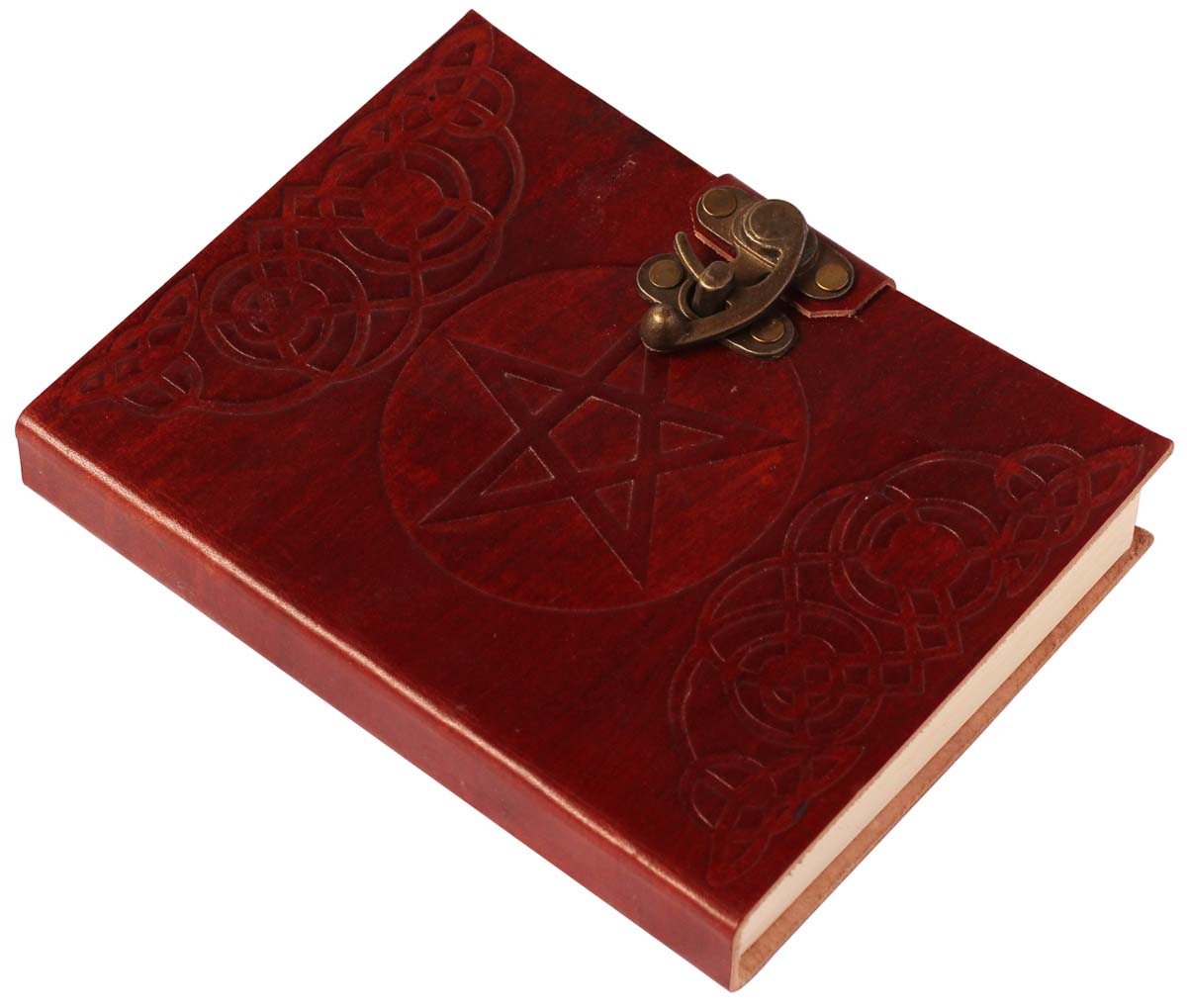 8” Wholesale Leather Journal with Handmade Papers – Brown with Brass Lock & Pentacle Embossing – Thoughtful Gifts in Bulk