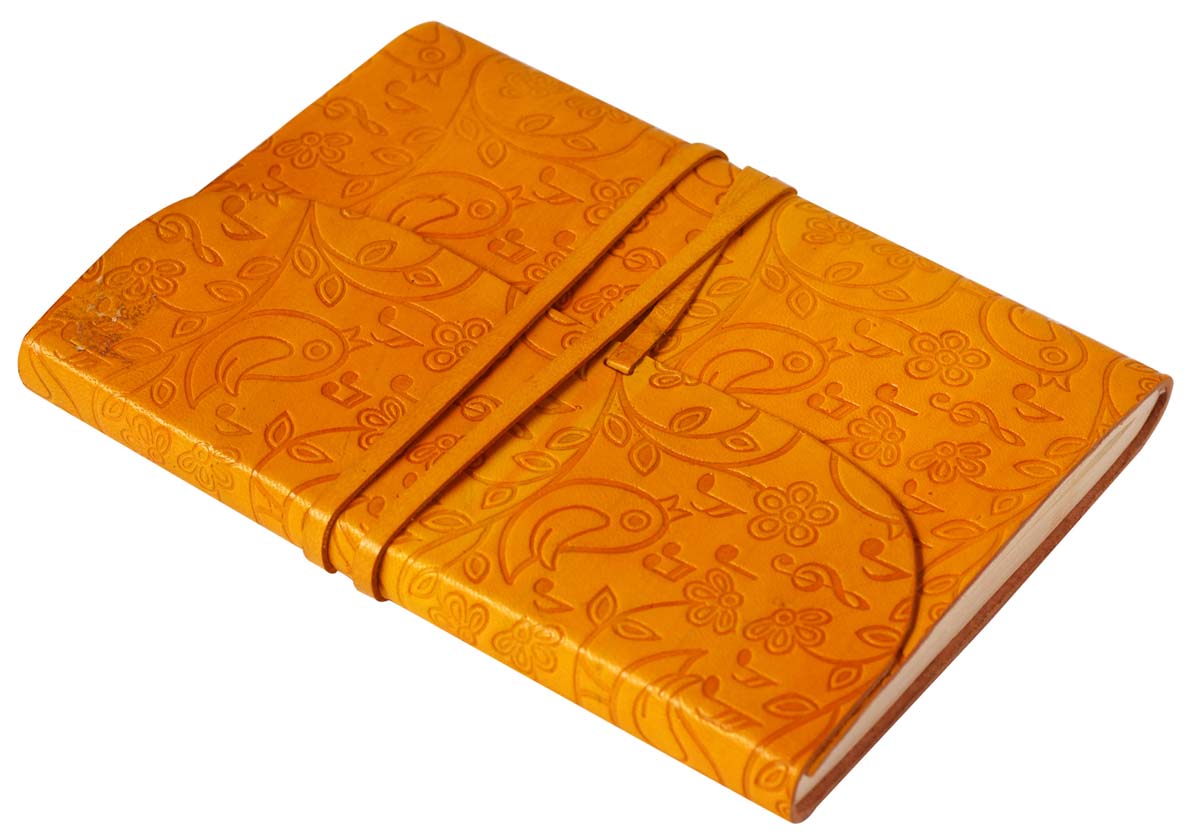 6” Wholesale Leather Journal with Handmade Papers – Orange-Yellow Notebook with Bird & Flower Embossing – Thoughtful Gifts in Bulk