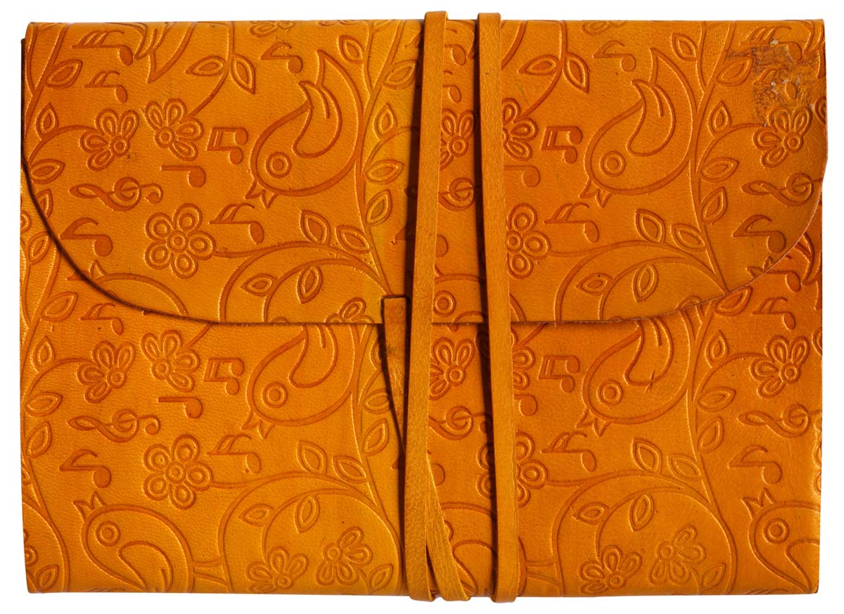 7” Wholesale Leather Journal with Handmade Papers – Orange-Yellow Notebook with Bird & Flower Embossing – Thoughtful Gifts in Bulk