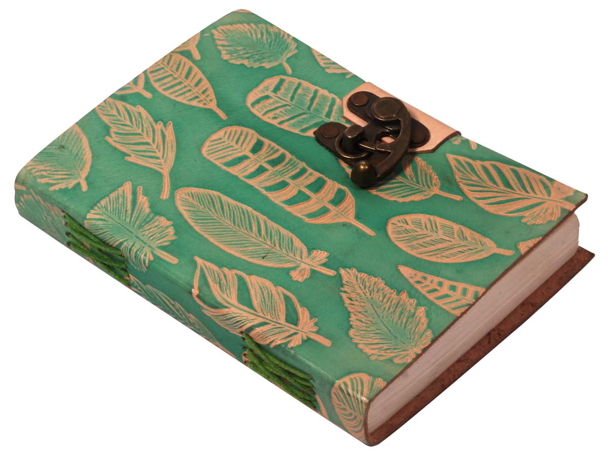 8” Hand-Crafted Green-Yellow Leather Journal in Bulk at Wholesale – With Embossing of Leaves – Thoughtful Gifts