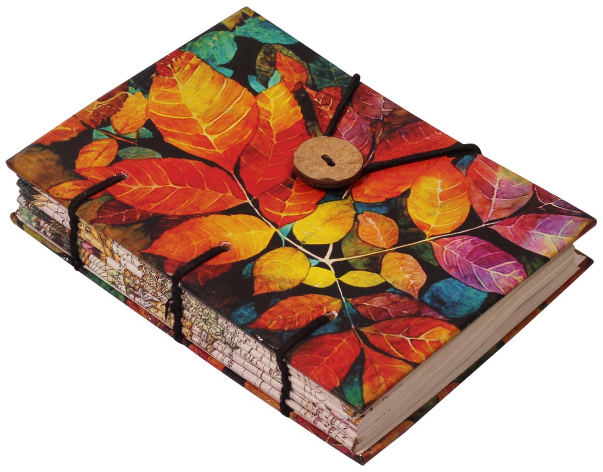 8” Multicolored Writing Notebook / Journal with Handmade Papers – Digital Leafy Pattern & Button-Thread Closure – Diaries in Bulk at Wholesale