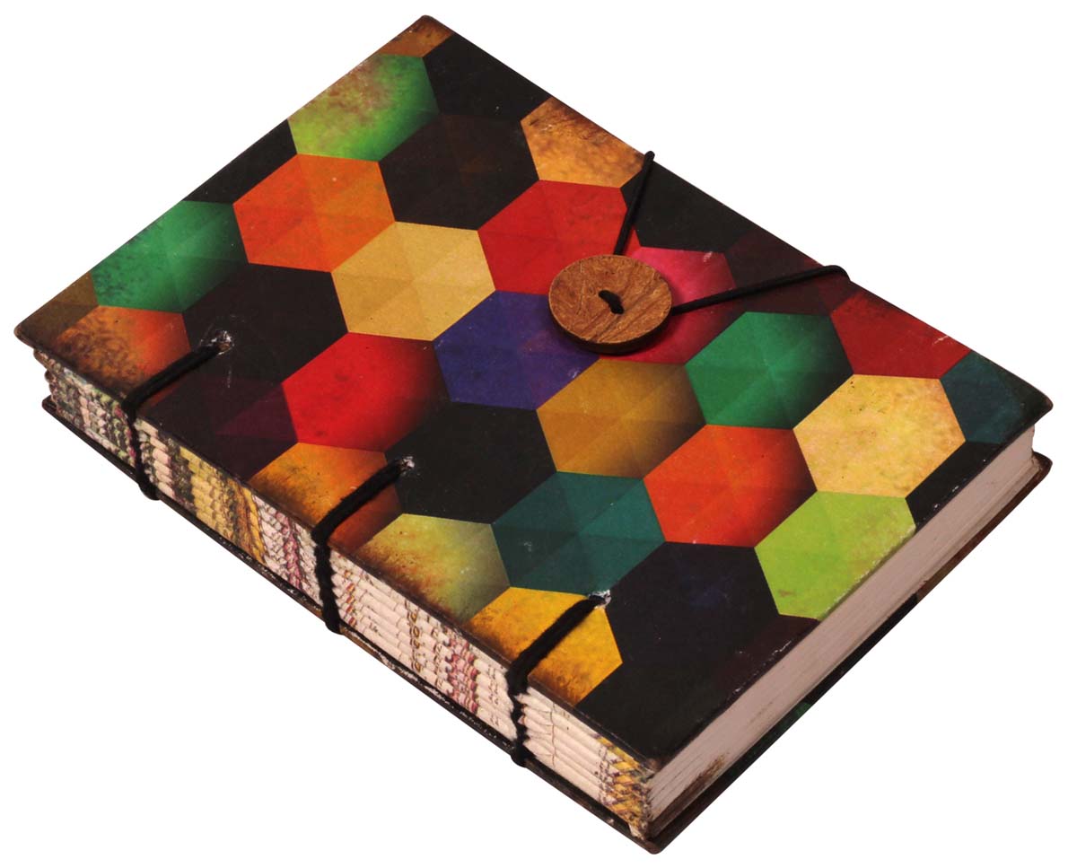 7” Multicolored Writing Journal / Notebook with Handmade Papers – Digital Hexagonal Print & Button-Thread Closure – Diaries in Bulk at Wholesale