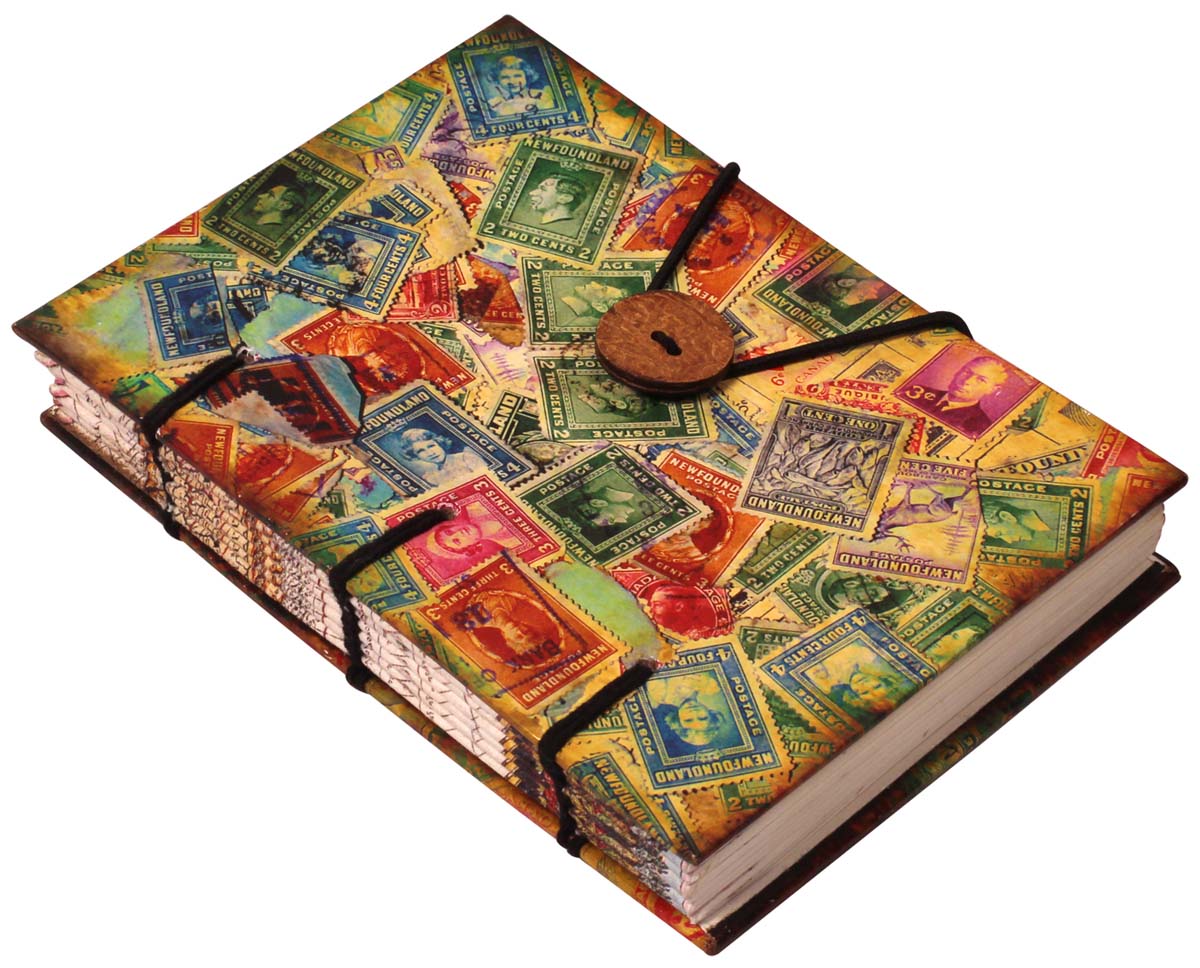 8” Stamps Hardcover Writing Journal / Notebook with Handmade Papers – Digital Print & Elastic Band Closure – Diaries in Bulk at Wholesale