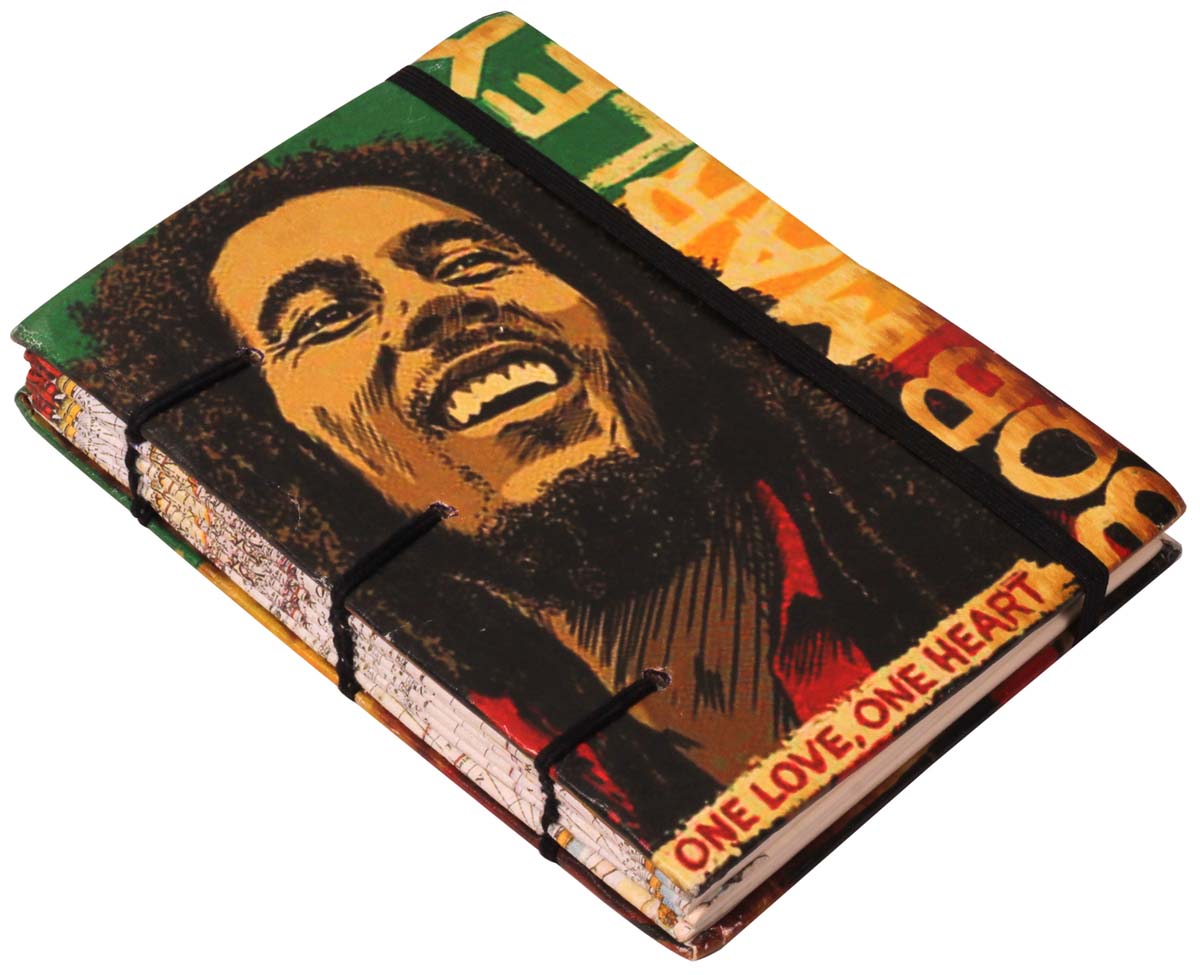 8” Bob Marley Hardcover Writing Journal / Notebook with Handmade Papers – Colorful Digital Print & Band Closure – Diaries in Bulk at Wholesale