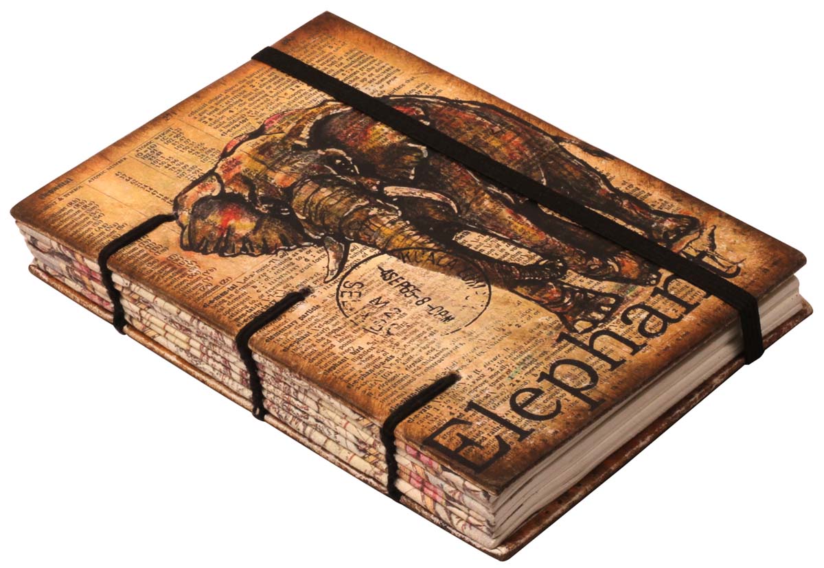 8” Vintage-Look Writing Journal with Handmade Papers – Digital Print of Elephant & Newspaper – Rare Diaries in Bulk at Wholesale