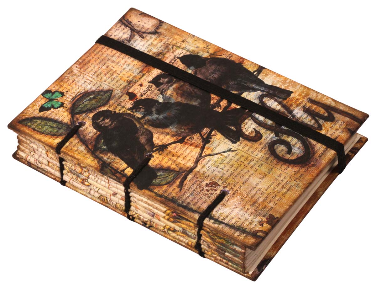 7” Vintage-Look Writing Journal with Handmade Papers – Digital Print of Birds & Newspaper – Rare Diaries in Bulk at Wholesale