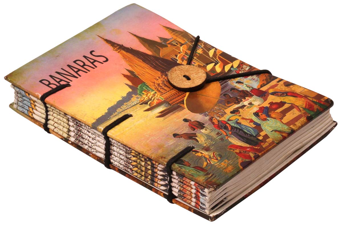 8” ‘Banaras’ Journal / Writing Diary in Hardcover with Handmade Papers – Colorful Print of Spiritual Indian Town – Creative Notebooks / Gifts