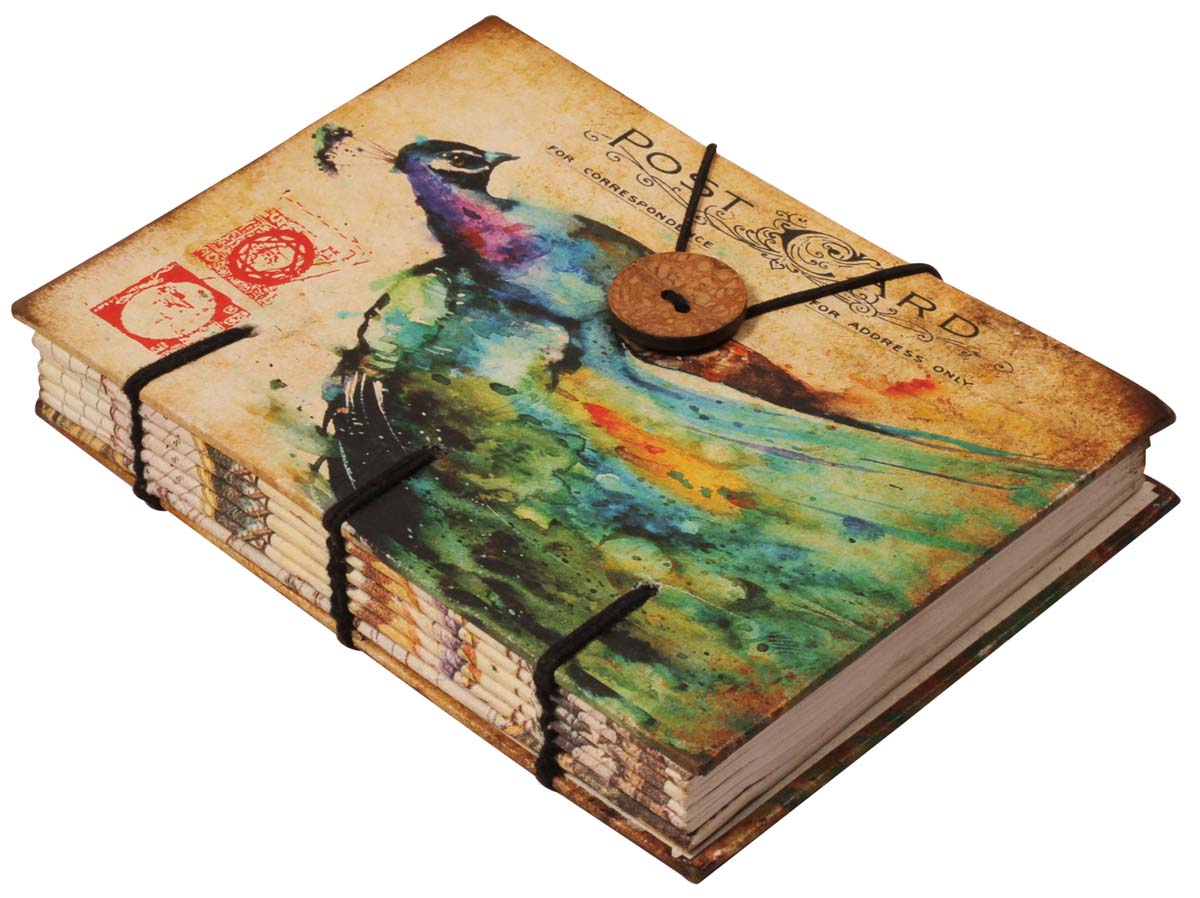 6” ‘Post-Card’ Journal / Writing Diary in Hardcover with Handmade Papers – Colorful Print of Peacock – Creative Notebooks / Gifts
