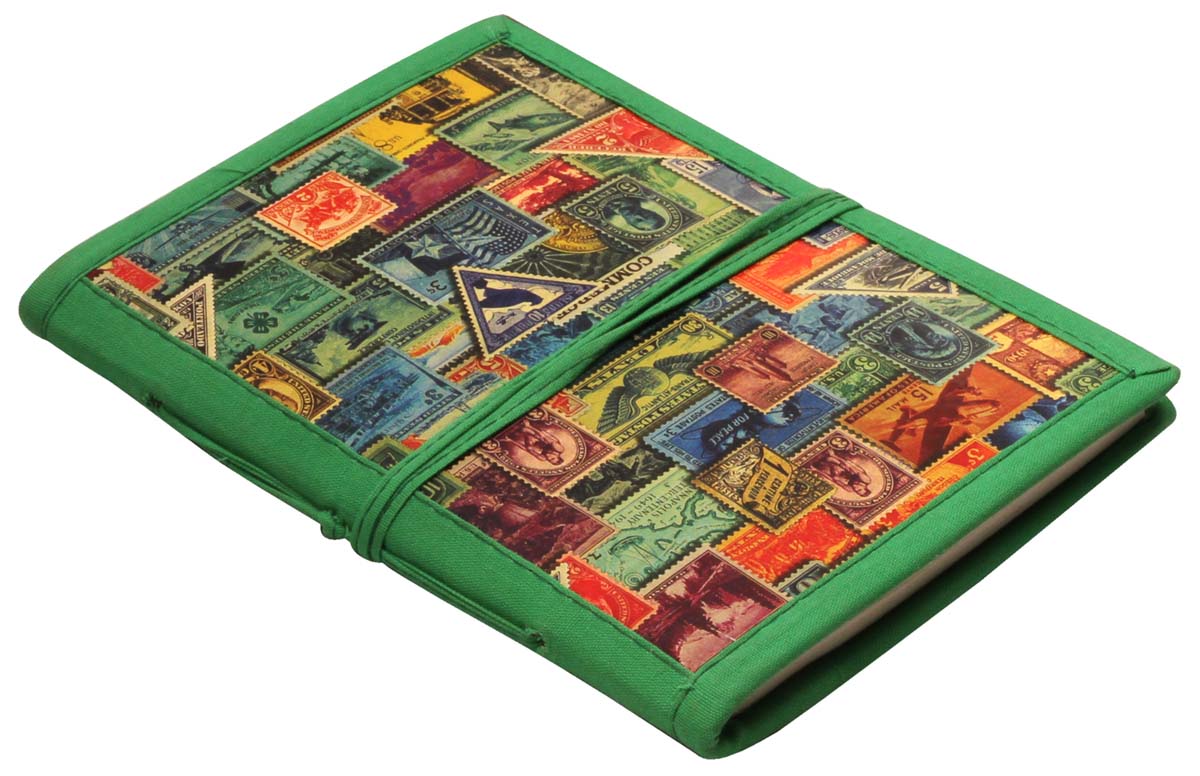 7” Hand-Crafted Stamps Journal / Writing Notebook in Bulk at Wholesale – Colorful Digital Print - Hardcover – Green Thread Closure – Creative Diaries from India
