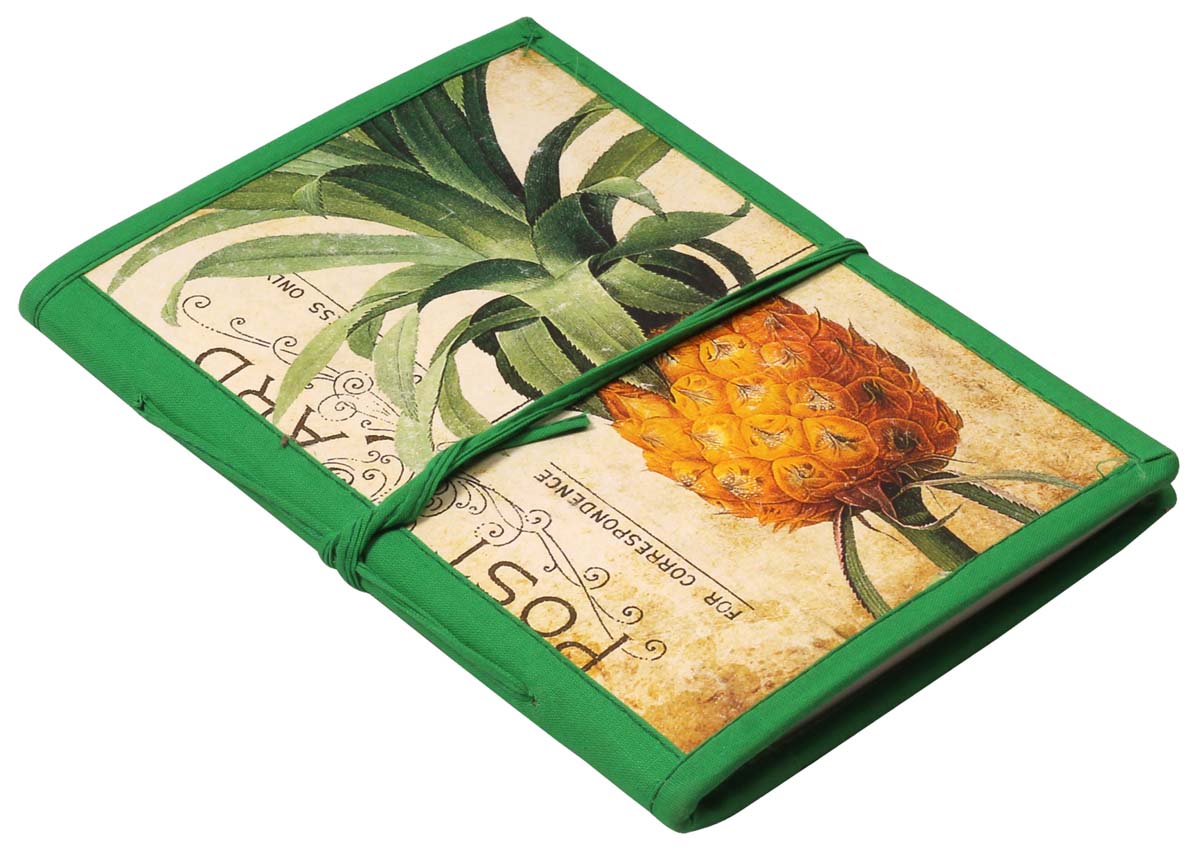 8” Hand-Crafted Pineapple Postcard Journal / Writing Notebook in Bulk at Wholesale – Digital Print - Hardcover – Green Thread Closure - Artistic Diaries