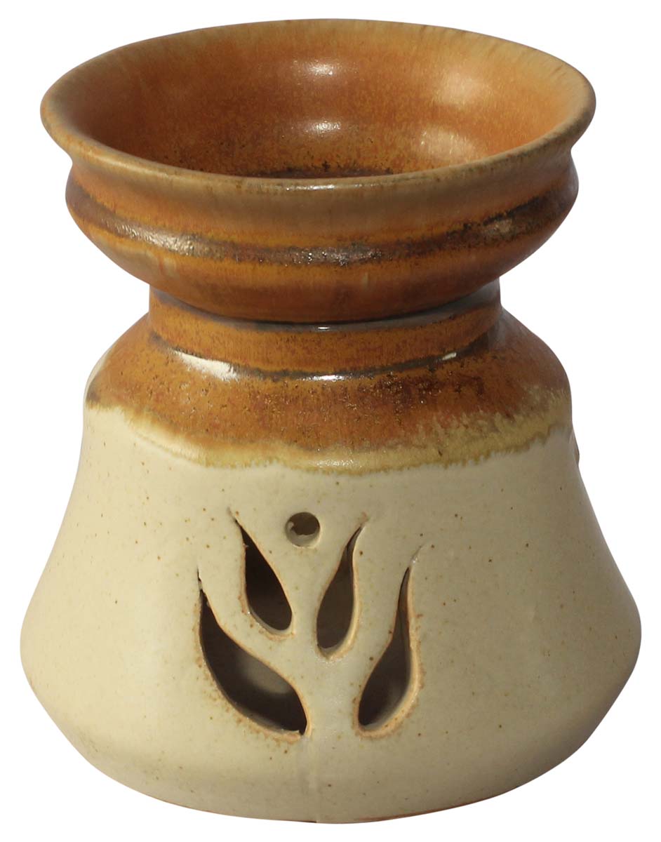 4.7” Hand-Thrown Ceramic Oil-Diffuser in Bulk at Wholesale – Studio-Pottery – Cream Brown - Cut-Work - Glazed – Antique-Look Aromatherapy Essentials