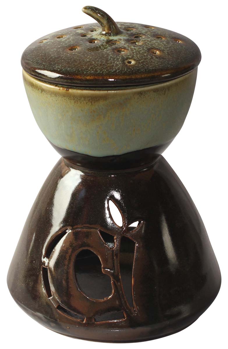 8” Hand-Thrown Ceramic Oil-Diffuser in Bulk at Wholesale – Studio-Pottery – Textured Brown Cream - Cut-Work – Antique-Look Aromatherapy Essentials