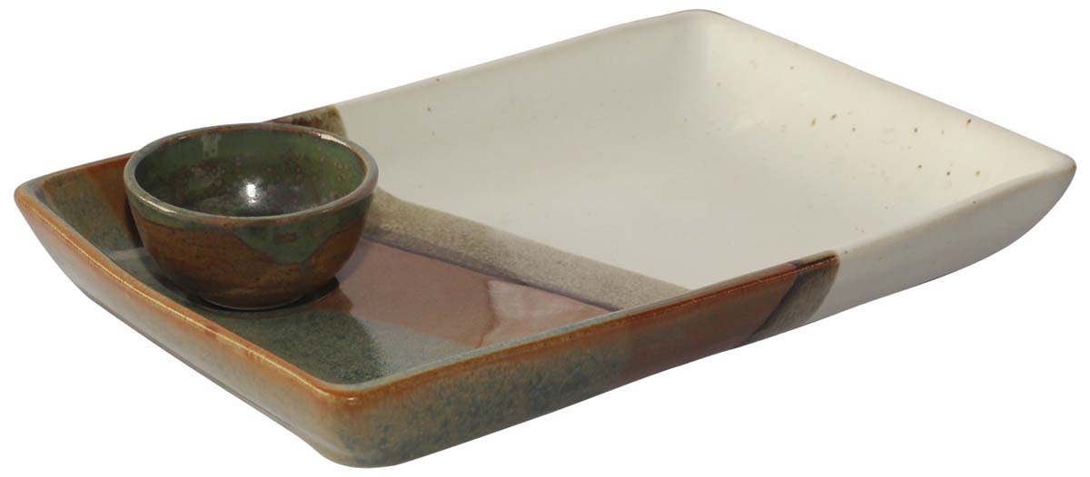10.5” Ceramic Bulk Wholesale Chip & Dip Platter / Tray with Bowl – Hand-Thrown Studio Pottery – Glazed – Cream Brown Tones – Home & Kitchen Essentials