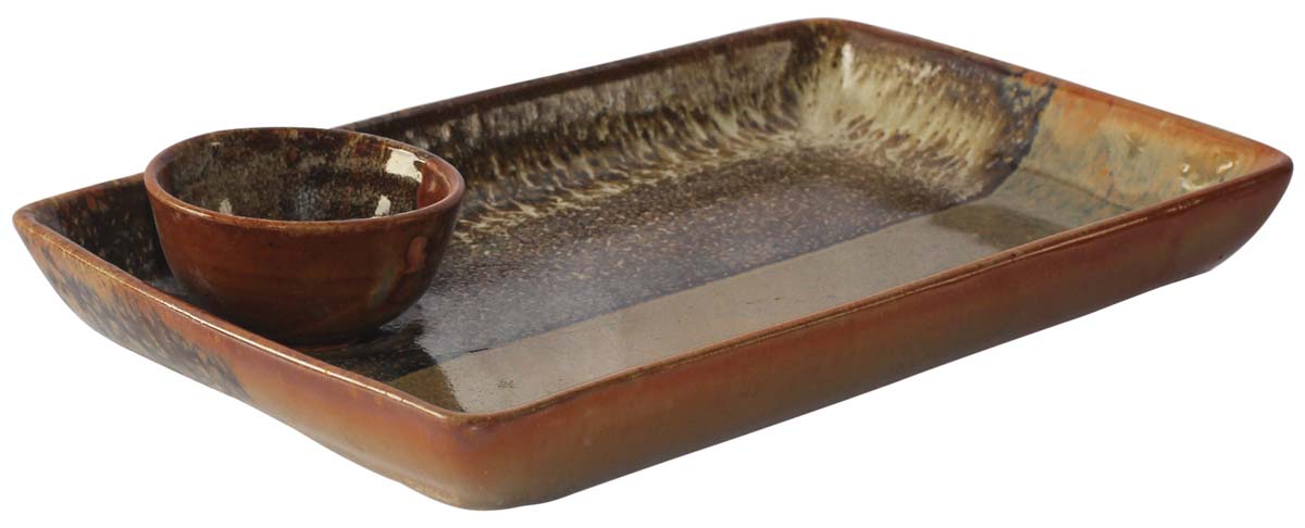 10.5” Ceramic Bulk Wholesale Chip & Dip Platter / Tray with Bowl – Hand-Thrown Studio Pottery – Glazed – Textured Brown Tones – Home & Kitchen Essentials