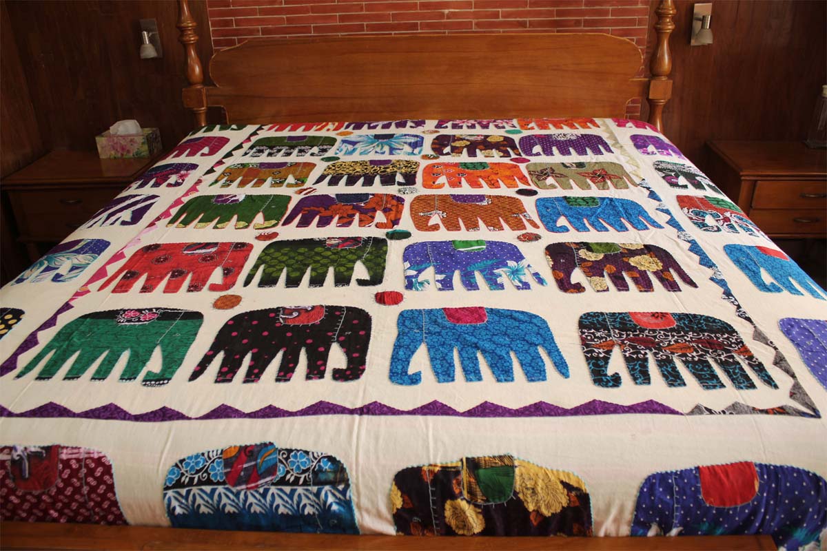 Bulk buy 110 x 88 Inch Double Bed Sheet – Wholesale Off-White Canvas Cotton with Multicolored Elephant Motif Patchwork from Distributors & Suppliers in India
