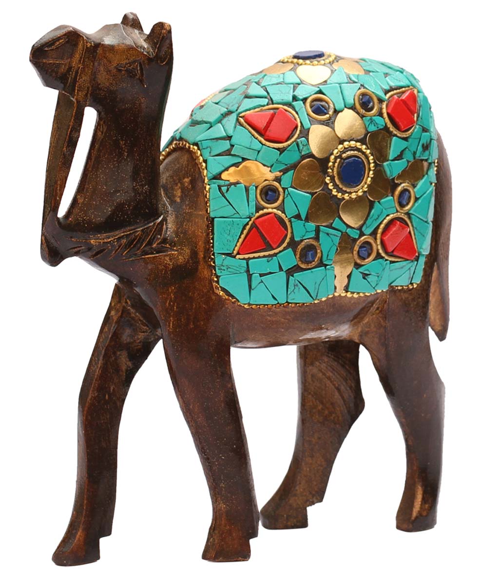 Wholesale Camel Figurine - Buy in Bulk 6” Hand Carved Wood Camel Statue with Brass Inlay and Green Stone Work - Home & Office Decor from India